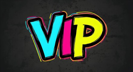 Neon letters spelling VIP with glitch effect on dark background. Vibrant modern typography design for exclusive content and social media post.