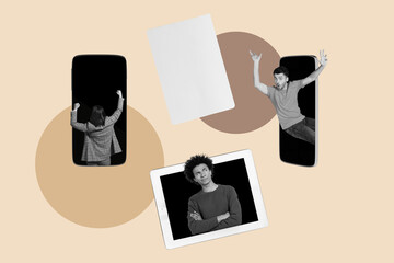 Image poster trend collage of happy business partners remote communication peek phone tablet...