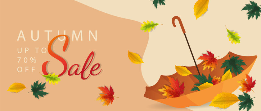Autumn sale illustration. Orange umbrella with colorful falling leaves. 70% off discount. Perfect for promotional campaigns. Vector