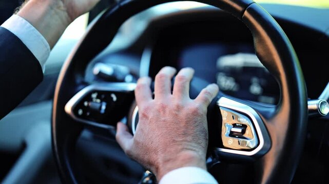 Professional businessman inside a modern car, dressed in a dark suit, impatiently honking the car horn. His actions convey frustration while driving during traffic.