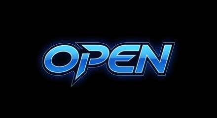 Blue neon open sign for business door, digitally rendered glowing text for retail, shop, and store availability.