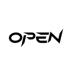Stylized black text forming the word open with sharp edges. Modern typography design illustrating concept of opportunity and readiness.