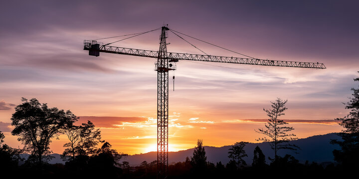 Construction crane sunset amid trade war tariffs impacting supply chain dynamics in industry landscape