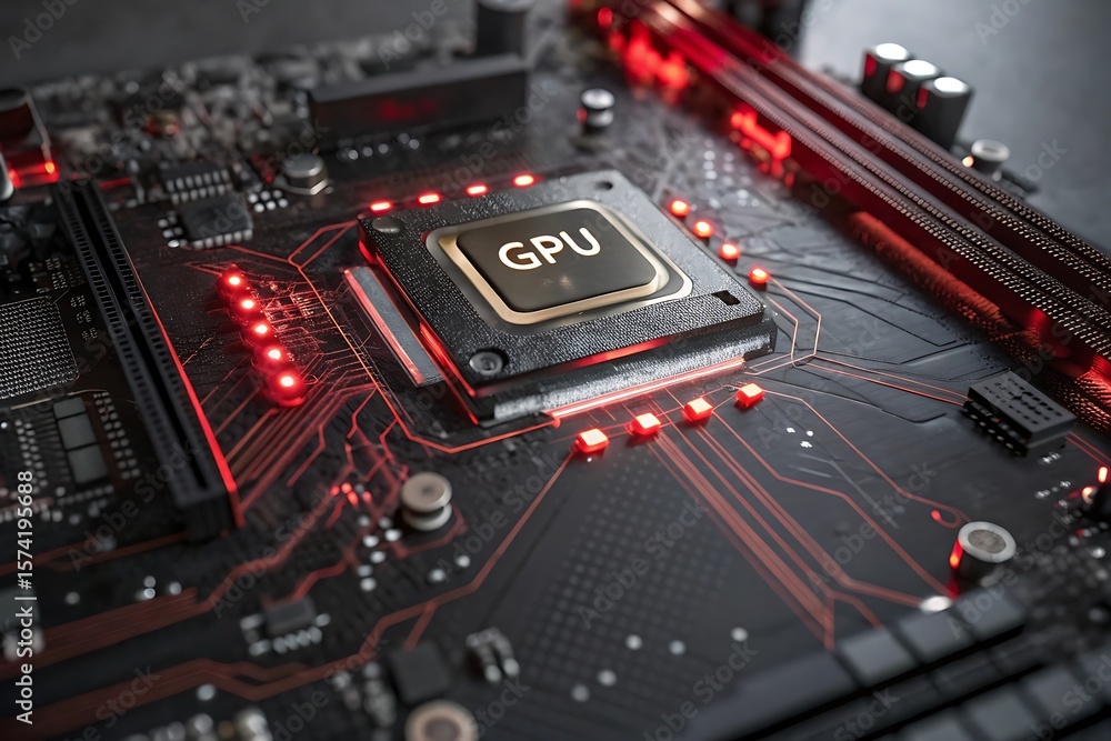 Fototapete Close up of a computer motherboard with a gpu chip and glowing red leds