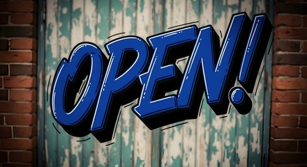 Blue graffiti style "Open!" text on distressed wood and brick wall. Concept of announcing business opening or special offer.