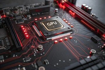 Close up of a computer motherboard with a gpu chip and glowing red leds