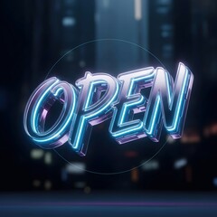 Shiny 3d render open sign displaying a bright blue neon light. Business establishment hours notification.