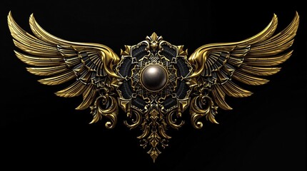 Ornate, detailed golden wings extend from a complex, dark floral central design