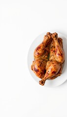 create a high resolution image of a whole roasted chicken on a white background, place the chicken on the right side of the image