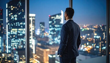 Businessman gazing at city skyline at night