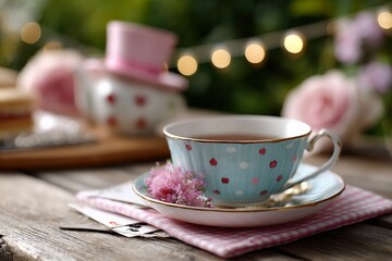 Fototapeta premium Charming tea set on rustic wooden table with flowers and tea pot outdoors