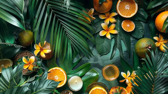 Selective focus. Top view of tropical fruits and leaves in vibrant layout