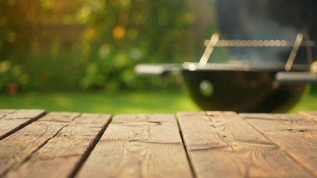 A wood table with a grill in the blurred background outdoors with a green lawn in the background