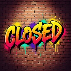 Bright graffiti word closed spray painted on a brick wall, symbolizing temporary or permanent closure. Urban street art for shop signs or artistic background.