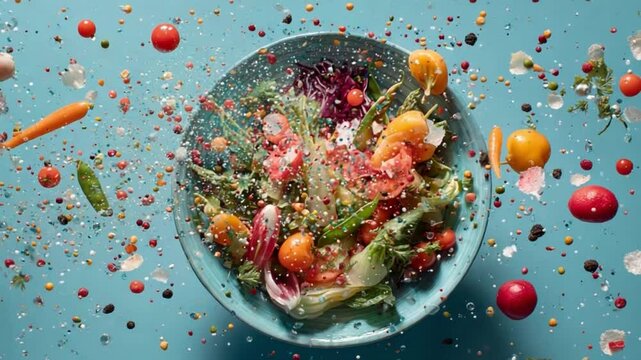 Vibrant Tossed Salad Burst: An overhead shot of a colorful salad with vegetables like tomato, radish and asparagus mid-air, creating a dynamic, appetizing display.
