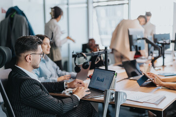 A diverse group of employees working on computers in a modern office. Multicultural team...