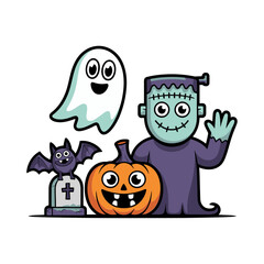 Fototapeta premium Vector art of a friendly group of halloween characters including a ghost, pumpkin, bat, and frankenstein monster