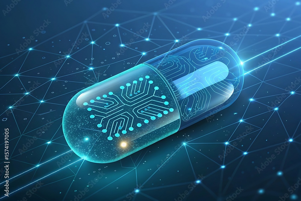 Aufkleber futuristic digital capsule with glowing circuit board inside on a network background