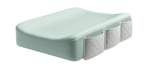 Changing table pad with multiple pockets for storing essentials in a compact room.