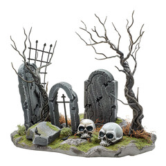 Spooky halloween cemetery scene with skulls and gravestones isolated on transparent background