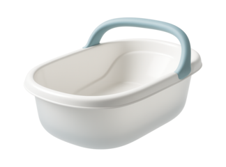 Portable baby bathtub with a carrying handle, designed for use in vacation homes.