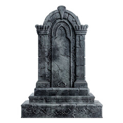 Ornate gothic stone tombstone with arched top isolated on transparent background