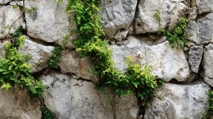 Old stone wall with creeping greenery