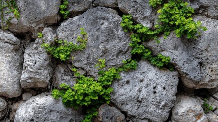 Stone wall embraced by lively greenery
