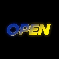 Yellow and blue open sign with a neon glow effect, illuminating a dark background. Business hours concept for store display.