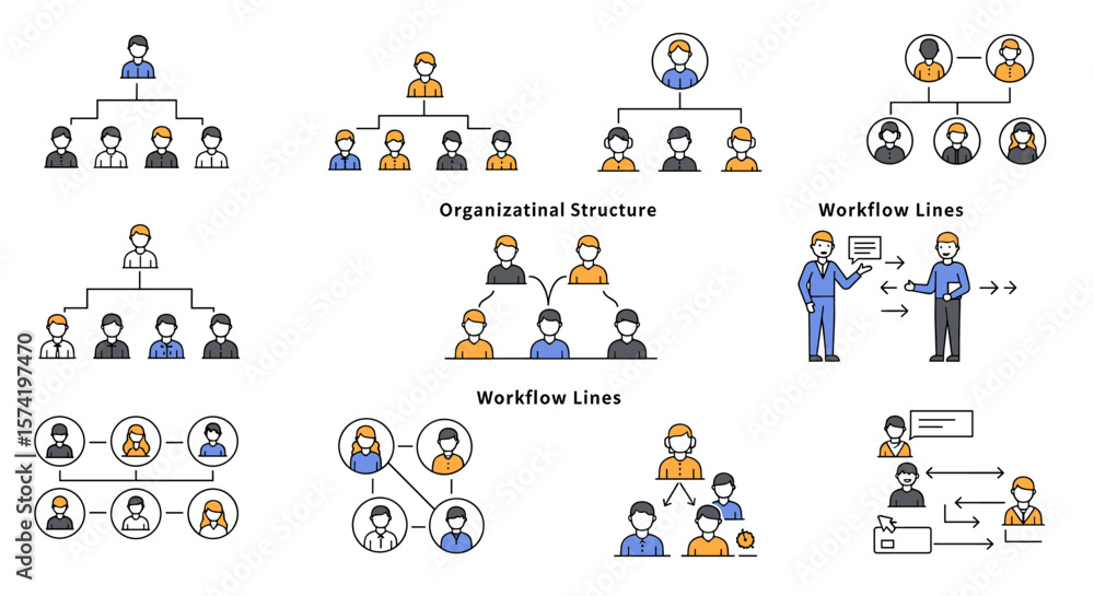 Poster colorful icons illustrating organizational structures and workflow lines