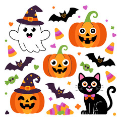 Vector art of a cheerful ghost and pumpkins are part of a festive halloween scene with bats and a black cat
