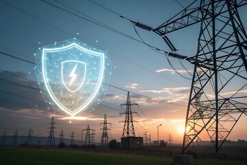 Digital shield protects power grid infrastructure against cyber threats at sunset