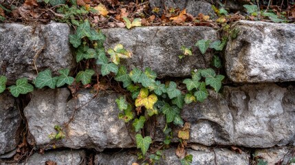 Ivy embraces weathered stone wall