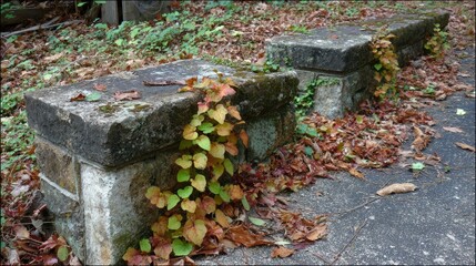 Autumnal Stone Benches Embrace Climbing Vine