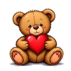 create a cute and adorable digital illustration of a teddy bear with a red heart placed on its chest