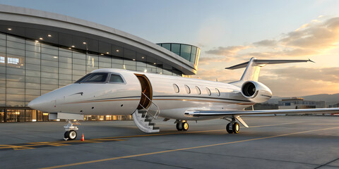 Obraz premium White private jet airplane parked at terminal airport