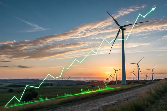 Wind farm at sunset with a rising green financial graph overlay symbolizing growth - Powered by Adobe