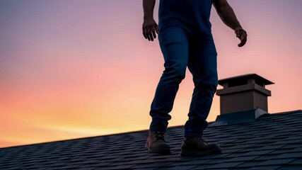 Closeup of roofing professional walking on newly installed shingles sunset sky backdrop showcasing workmanship.