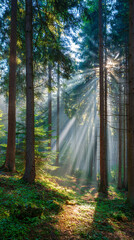 Obraz premium Sunlight Filtering Through Forest Trees