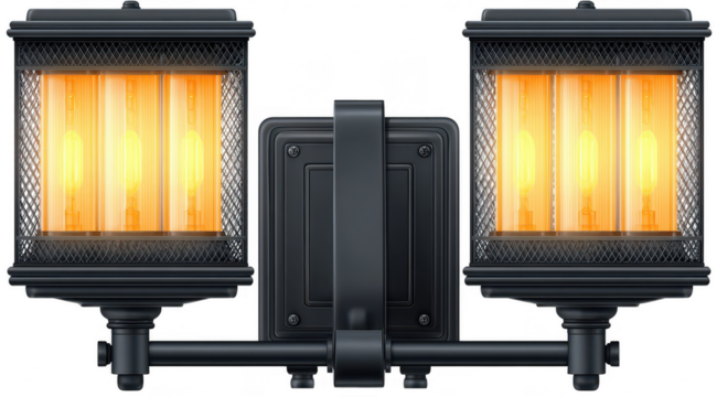 Black metal outdoor wall light with orange-toned bulbs