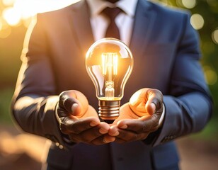 Businessman holds glowing lightbulb
