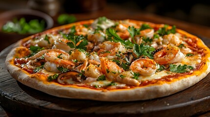 Close up view of a seafood pizza topped with shrimp squid crab sticks and melted mozzarella cheese garnished with fresh herbs on a wooden surface