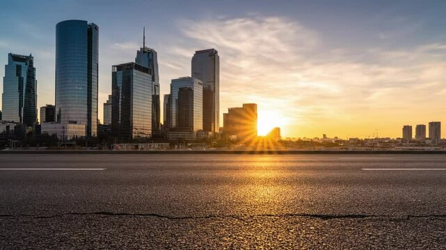 Cityscape at sunset with skyscrapers silhouetted against a vibrant sky and a stretch of asphalt road in the foreground