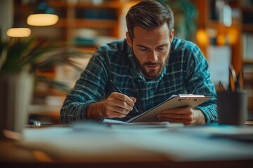 man using tablet computer in cafe steadicam shot, Generative AI