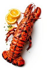 create an image of a grilled lobster with a wedge of lemon on the side