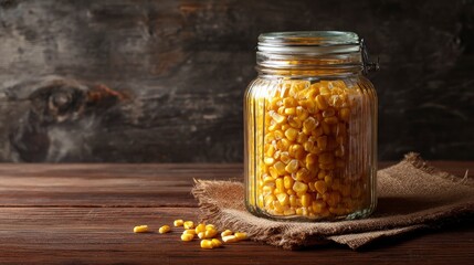 Golden corn kernels nestled in a rustic glass jar