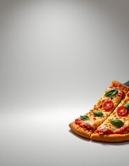 create a photo of a pizza with melted cheese, positioned on the right side of the image with ample copy space on the left under floodlights