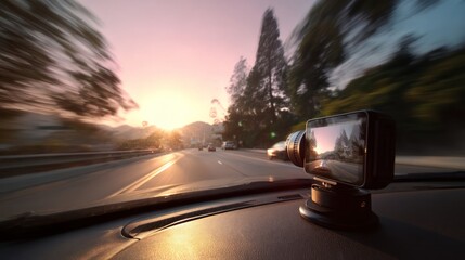 Dashboard dashcam during sunset in a car