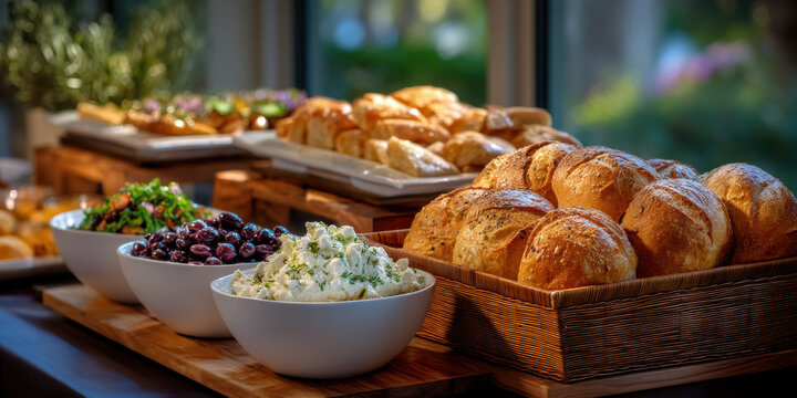 Fresh bread rolls and bowls of salad and olives on wooden buffet table with natural light creating warm and inviting atmosphere