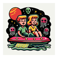 Alien Adventure in Cartoon Style with Kids and UFO Among Jellyfish